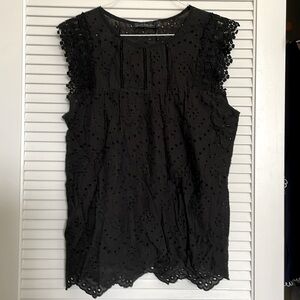 New Black eyelet cotton sleeveless top, crochet trim sleeves with tags, Pretty!